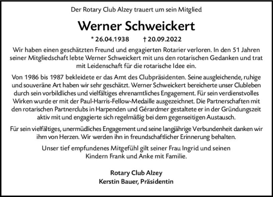 Traueranzeige von Werner Schweickert von vrm-trauer Allgemeine Zeitung Alzey
