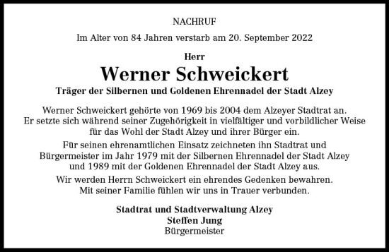Traueranzeige von Werner Schweickert von vrm-trauer Allgemeine Zeitung Alzey
