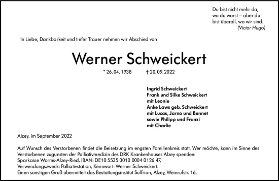 Traueranzeige von Werner Schweickert von vrm-trauer Allgemeine Zeitung Alzey