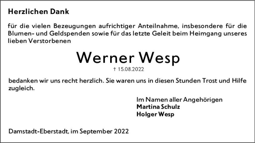  Traueranzeige für Werner Wesp vom 17.09.2022 aus vrm-trauer Darmstädter Echo