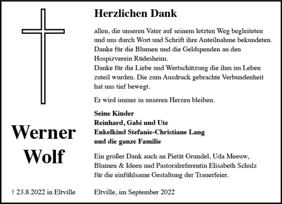 Traueranzeige von Werner Wolf von vrm-trauer Wiesbadener Kurier