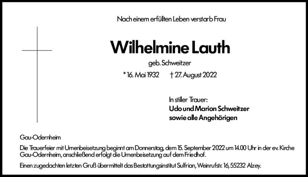  Traueranzeige für Wilhelmine Lauth vom 10.09.2022 aus vrm-trauer AZ Mainz