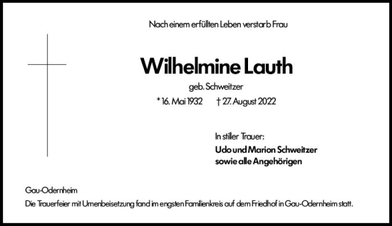 Traueranzeige von Wilhelmine Lauth von vrm-trauer Allgemeine Zeitung Alzey