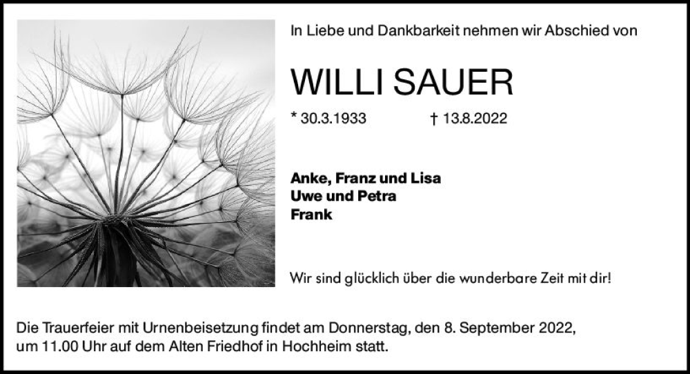  Traueranzeige für Willi Sauer vom 02.09.2022 aus vrm-trauer Hochheimer Zeitung