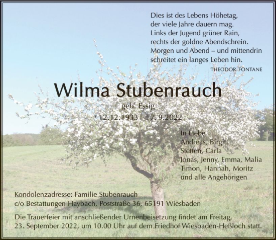 Traueranzeige von Wilma Stubenrauch von vrm-trauer Wiesbadener Kurier
