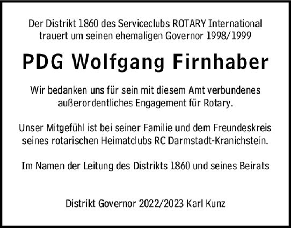  Traueranzeige für Wolfgang Firnhaber vom 22.09.2022 aus vrm-trauer Darmstädter Echo