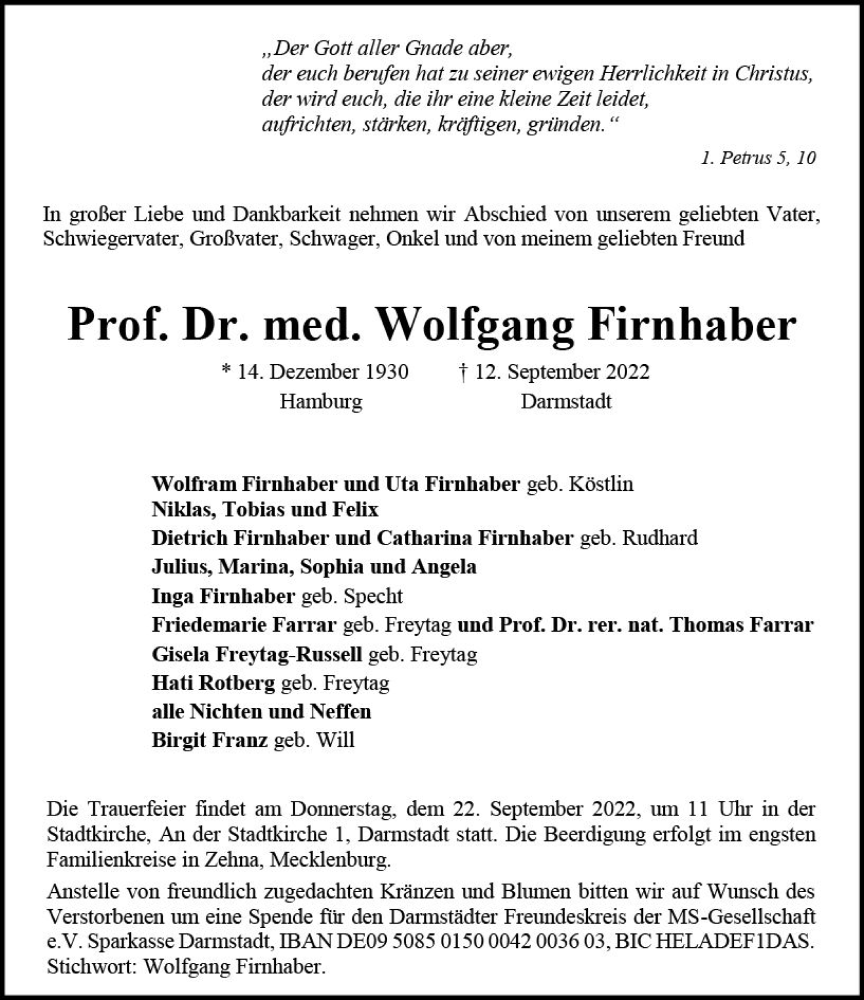  Traueranzeige für Wolfgang Firnhaber vom 17.09.2022 aus vrm-trauer Darmstädter Echo