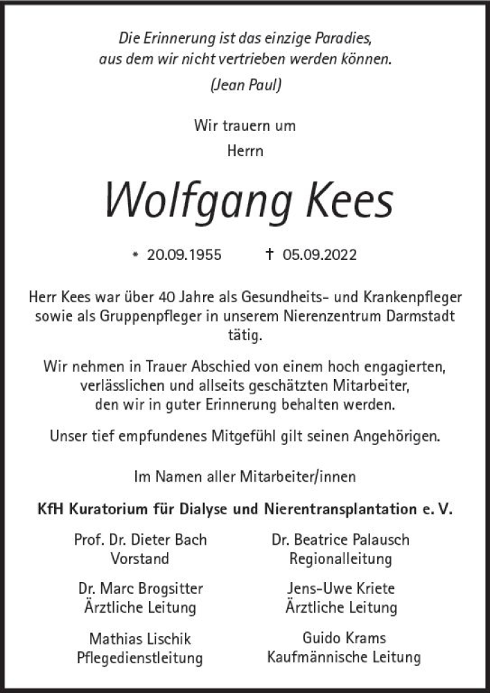  Traueranzeige für Wolfgang Kees vom 24.09.2022 aus vrm-trauer Darmstädter Echo