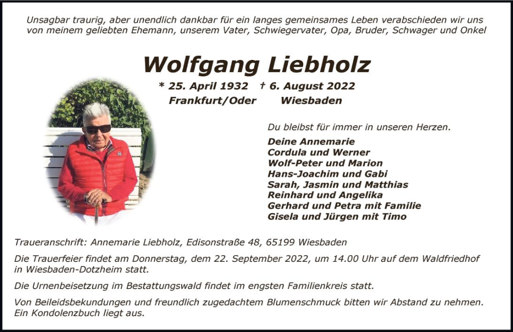  Traueranzeige für Wolfgang Liebholz vom 03.09.2022 aus vrm-trauer Wiesbadener Kurier