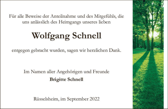 Traueranzeige von Wolfgang Schnell von vrm-trauer Rüsselsheimer Echo / MainSpitze