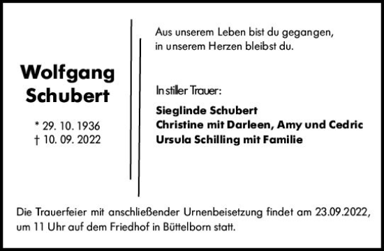 Traueranzeige von Wolfgang Schubert von vrm-trauer Groß-Gerauer Echo