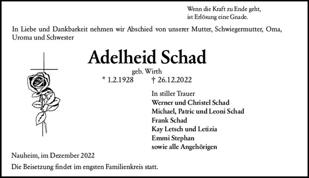  Traueranzeige für Adelheid Schad vom 03.01.2023 aus vrm-trauer Rüsselsheimer Echo / MainSpitze