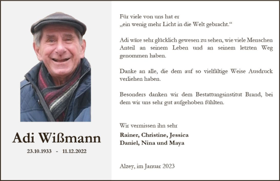 Traueranzeige von Adi Wißmann von vrm-trauer Allgemeine Zeitung Alzey