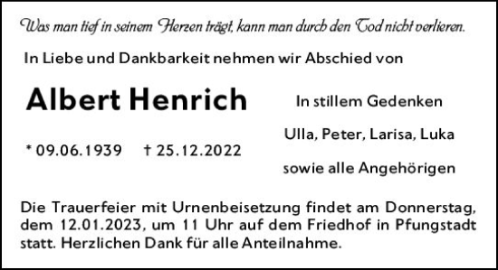 Traueranzeige von Albert Henrich von vrm-trauer Darmstädter Echo