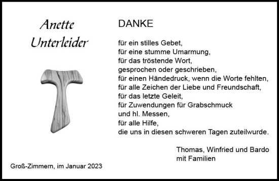 Traueranzeige von Anette Unterleider von vrm-trauer DieburgerAnzeiger/Groß-Zimmerner Lokala