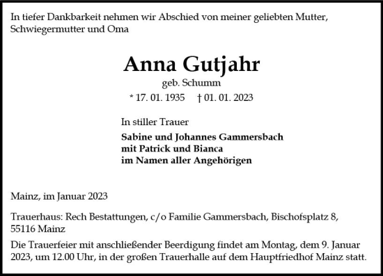 Traueranzeige von Anna Gutjahr von vrm-trauer AZ Mainz