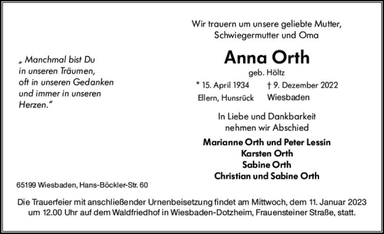 Traueranzeige von Anna Orth von vrm-trauer Wiesbadener Kurier