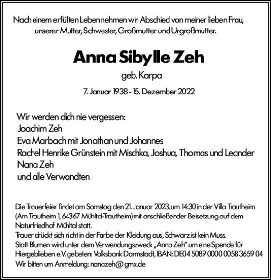 Traueranzeige von Anna Sibylle Zeh von vrm-trauer Darmstädter Echo