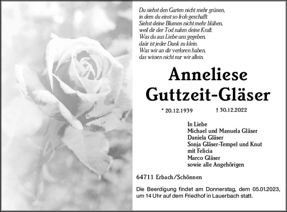  Traueranzeige für Anneliese Guttzeit-Gläser vom 03.01.2023 aus vrm-trauer Odenwälder Echo