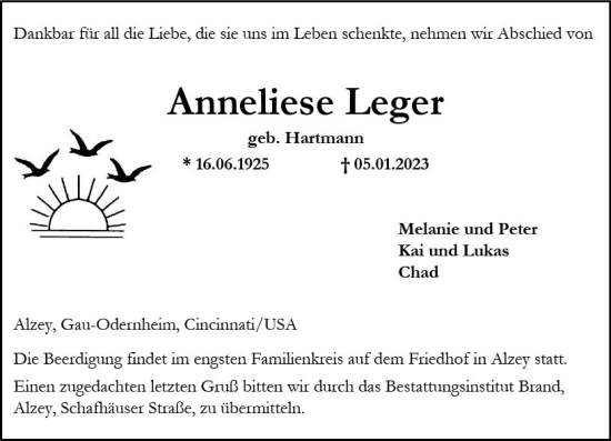 Traueranzeige von Anneliese Leger von vrm-trauer Allgemeine Zeitung Alzey