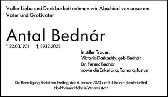 Traueranzeige von Antal Bednar von vrm-trauer Südh. Morgen