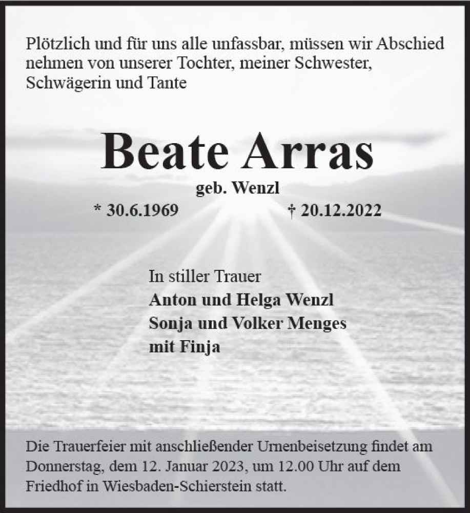  Traueranzeige für Beate Arras vom 07.01.2023 aus vrm-trauer Wiesbadener Kurier