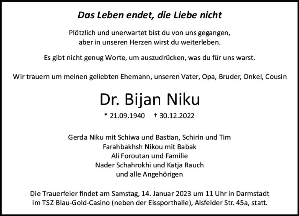  Traueranzeige für Bijan Niku vom 07.01.2023 aus vrm-trauer Darmstädter Echo