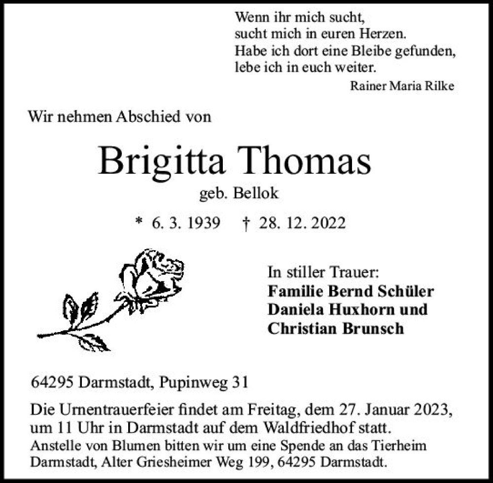  Traueranzeige für Brigitta Thomas vom 07.01.2023 aus vrm-trauer Darmstädter Echo