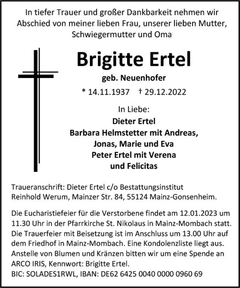  Traueranzeige für Brigitte Ertel vom 07.01.2023 aus vrm-trauer AZ Mainz