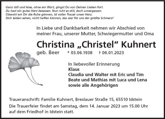 Traueranzeige von Christina Kuhnert von vrm-trauer Idstein / Untertaunus