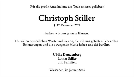 Traueranzeige von Christoph Stiller von vrm-trauer Wiesbadener Kurier