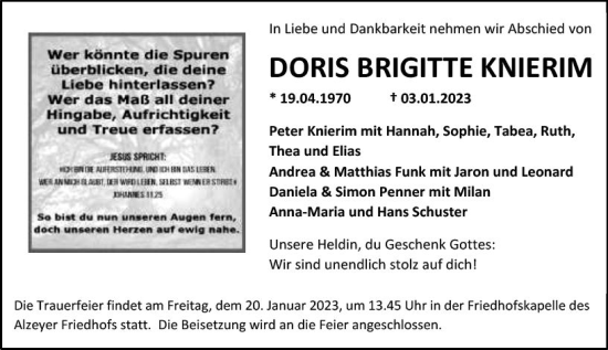 Traueranzeige von Doris Brigitte Knierim von vrm-trauer Allgemeine Zeitung Alzey