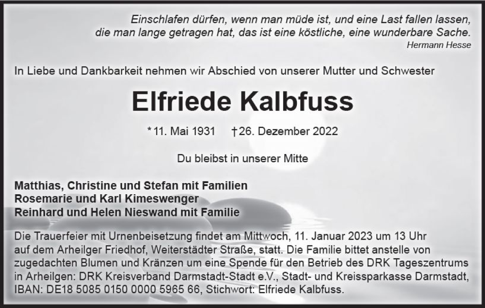  Traueranzeige für Elfriede Kalbfuss vom 07.01.2023 aus vrm-trauer Darmstädter Echo