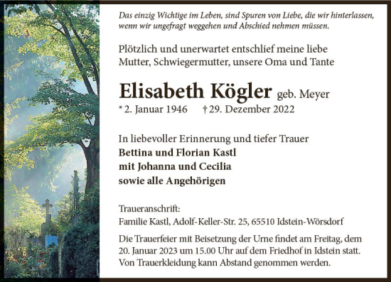 Traueranzeige von Elisabeth Kögler von vrm-trauer Idstein / Untertaunus