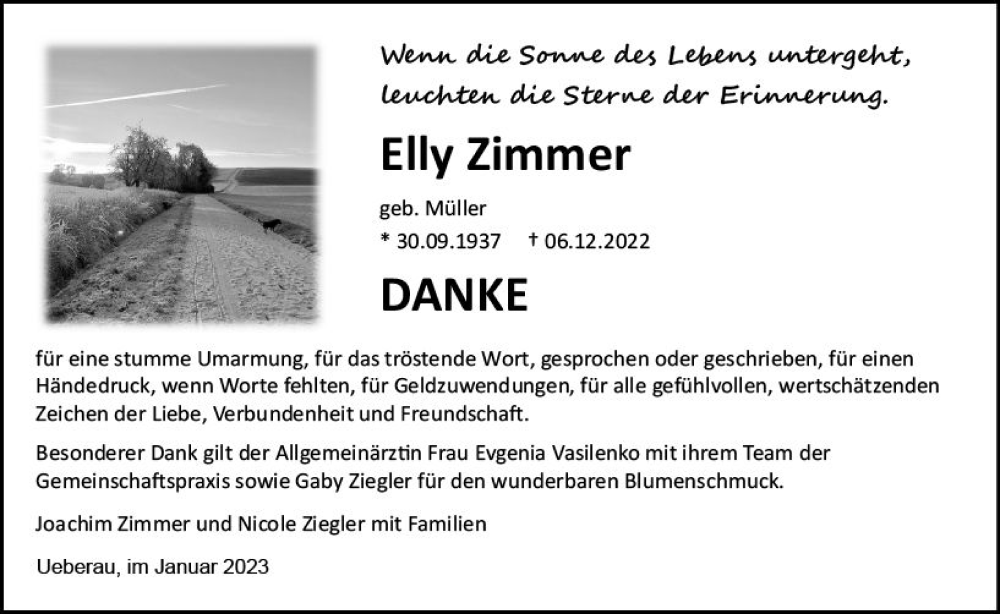  Traueranzeige für Elly Zimmer vom 07.01.2023 aus vrm-trauer Darmstädter Echo