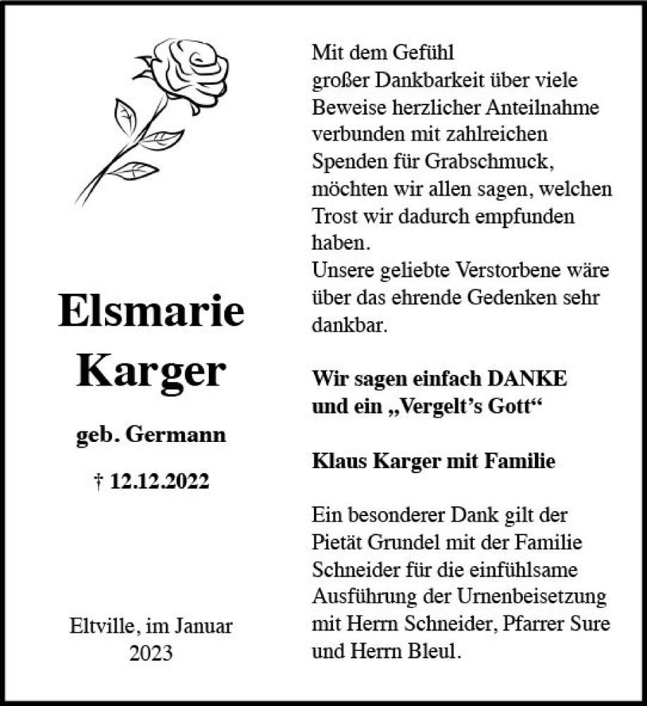  Traueranzeige für Elsmarie Karger vom 07.01.2023 aus vrm-trauer Rheingau