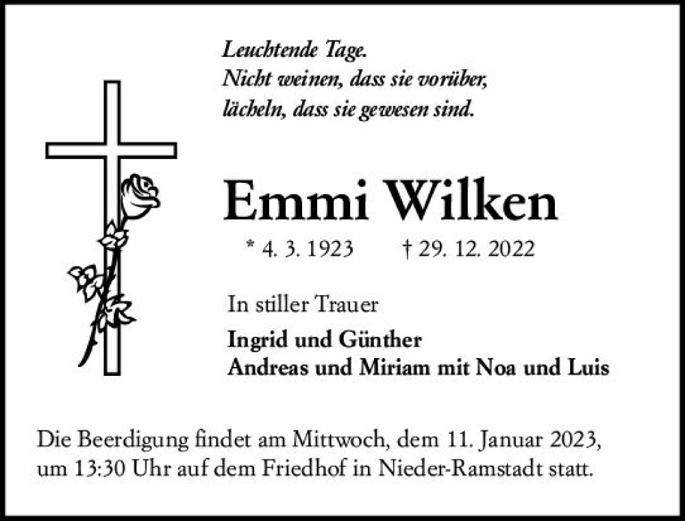  Traueranzeige für Emmi Wilken vom 07.01.2023 aus vrm-trauer Darmstädter Echo
