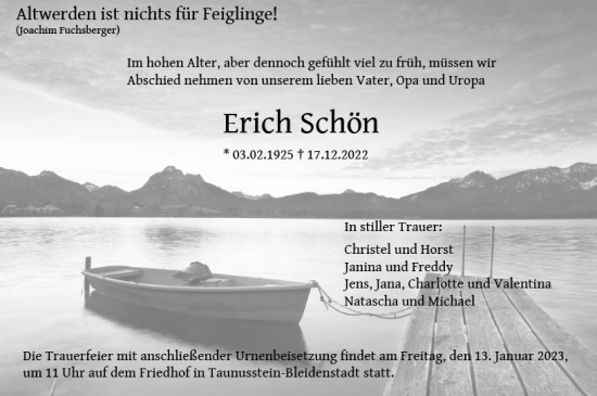 Traueranzeige von Erich Schön von vrm-trauer Wiesbadener Kurier