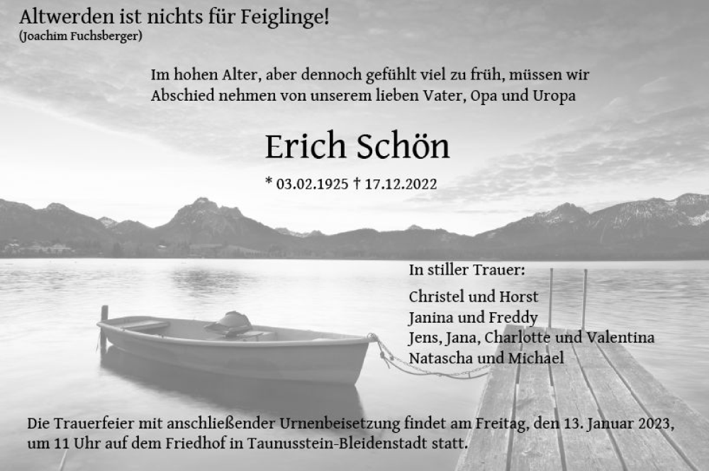  Traueranzeige für Erich Schön vom 07.01.2023 aus vrm-trauer Wiesbadener Kurier