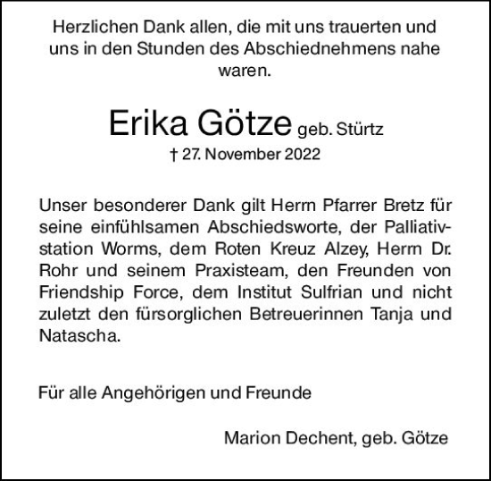 Traueranzeige von Erika Götze von vrm-trauer Allgemeine Zeitung Alzey