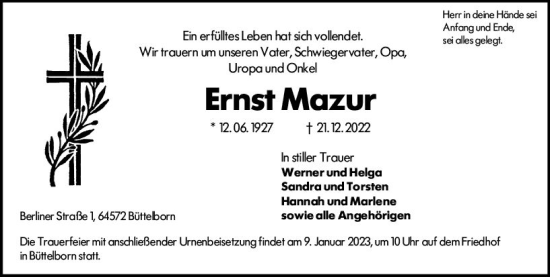 Traueranzeige von Ernst Mazur von vrm-trauer Groß-Gerauer Echo