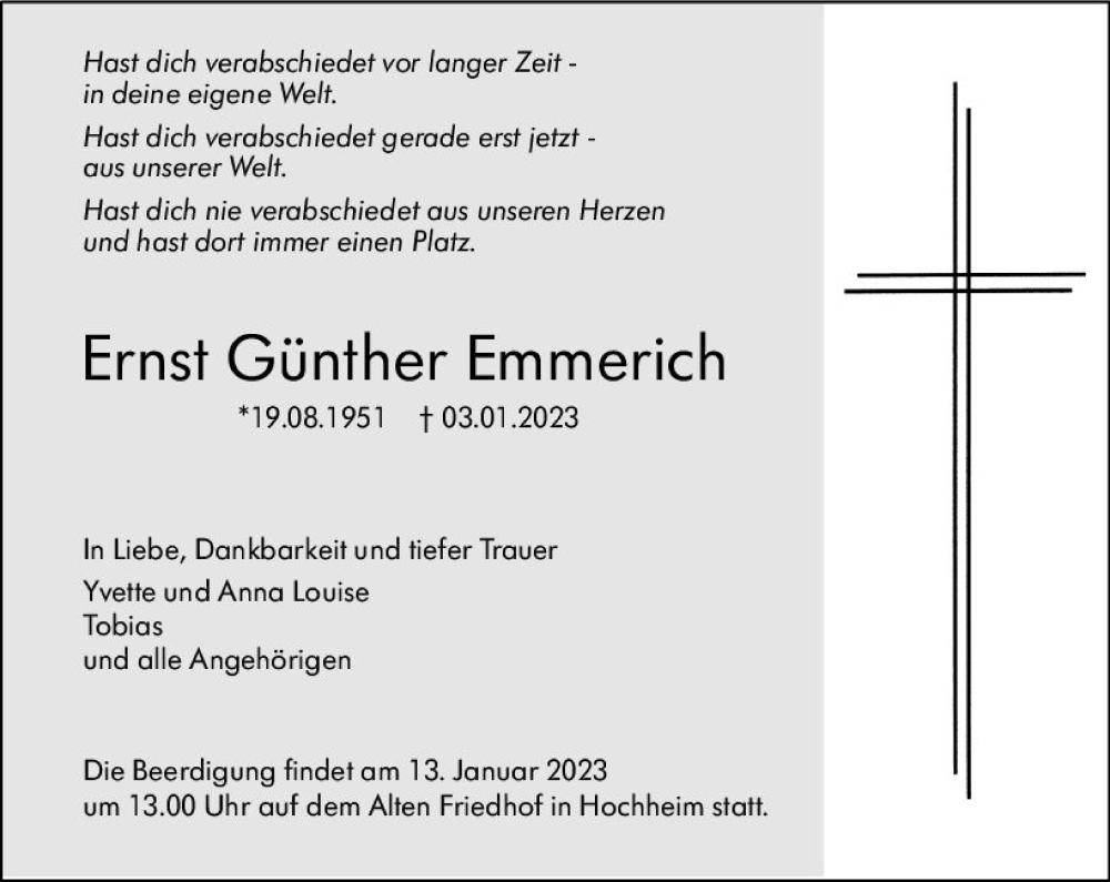  Traueranzeige für Ernst Günther Emmerich vom 06.01.2023 aus vrm-trauer Hochheimer Zeitung