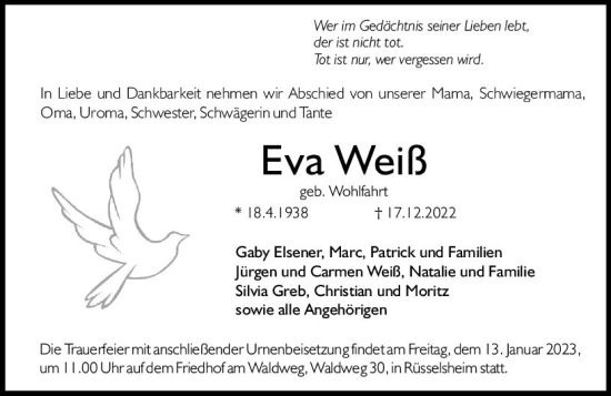 Traueranzeige von Eva Weiß von vrm-trauer Rüsselsheimer Echo / MainSpitze
