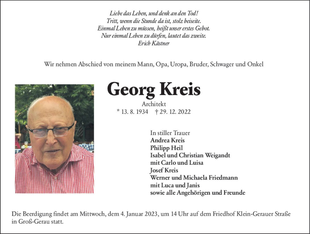  Traueranzeige für Georg Kreis vom 02.01.2023 aus vrm-trauer Groß-Gerauer Echo