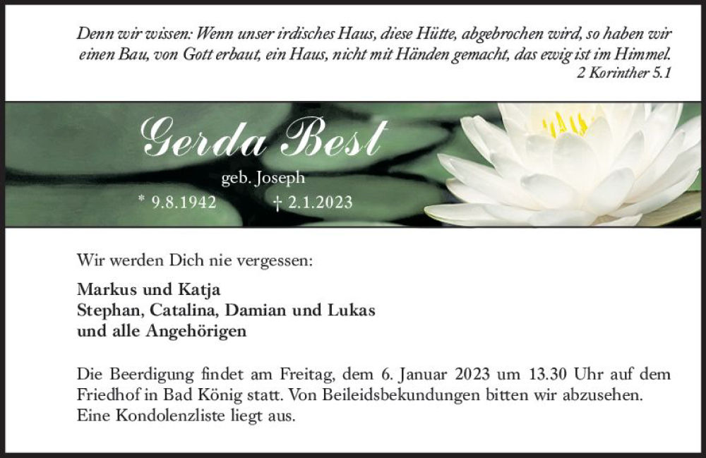  Traueranzeige für Gerda Best vom 04.01.2023 aus vrm-trauer Odenwälder Echo