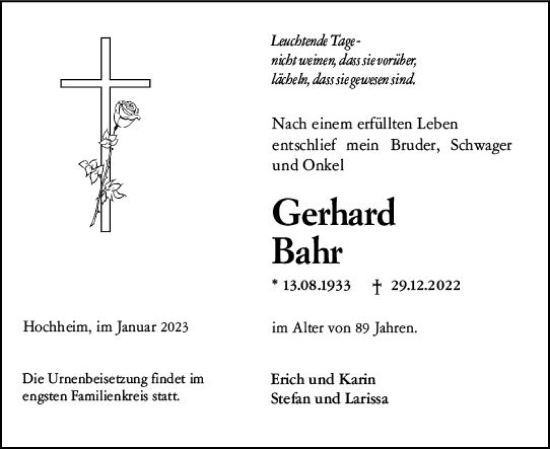 Traueranzeige von Gerhard Bahr von vrm-trauer Wiesbadener Kurier