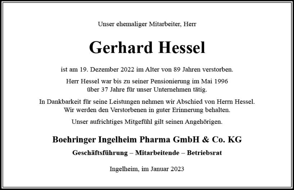  Traueranzeige für Gerhard Hessel vom 10.01.2023 aus vrm-trauer Allgemeine  Zeitung Ingelheim-Bingen