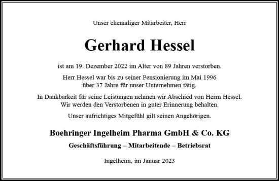 Traueranzeige von Gerhard Hessel von vrm-trauer Allgemeine  Zeitung Ingelheim-Bingen