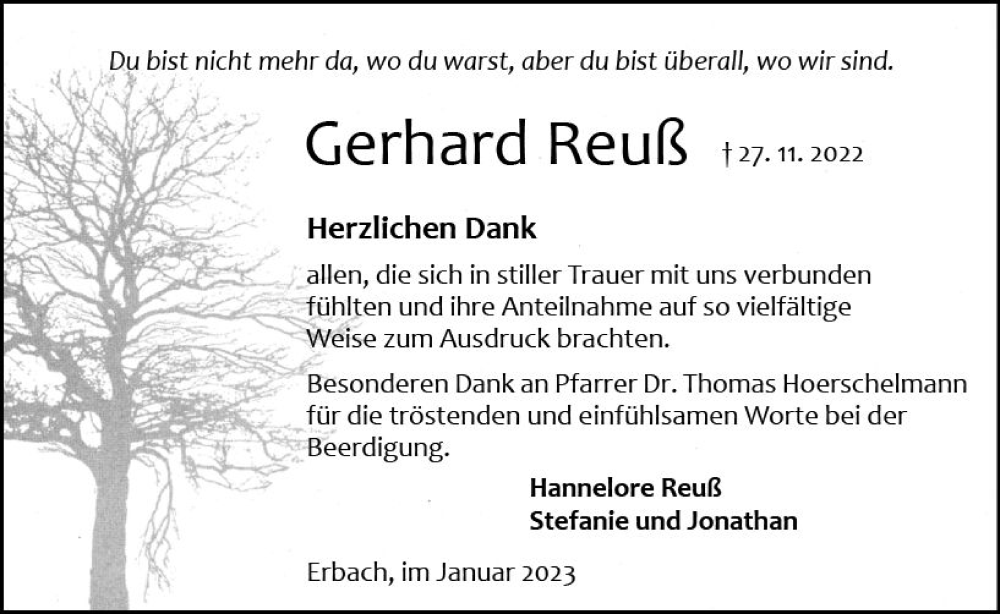  Traueranzeige für Gerhard Reuß vom 07.01.2023 aus vrm-trauer Odenwälder Echo