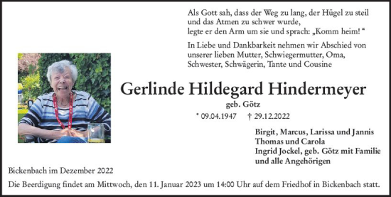 Traueranzeige von Gerlinde Hildegard Hindenneyer von vrm-trauer Darmstädter Echo